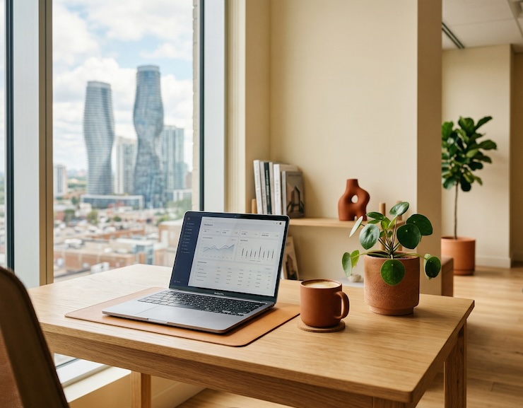 Modern workspace overlooking Mississauga skyline with laptop showing analytics dashboard